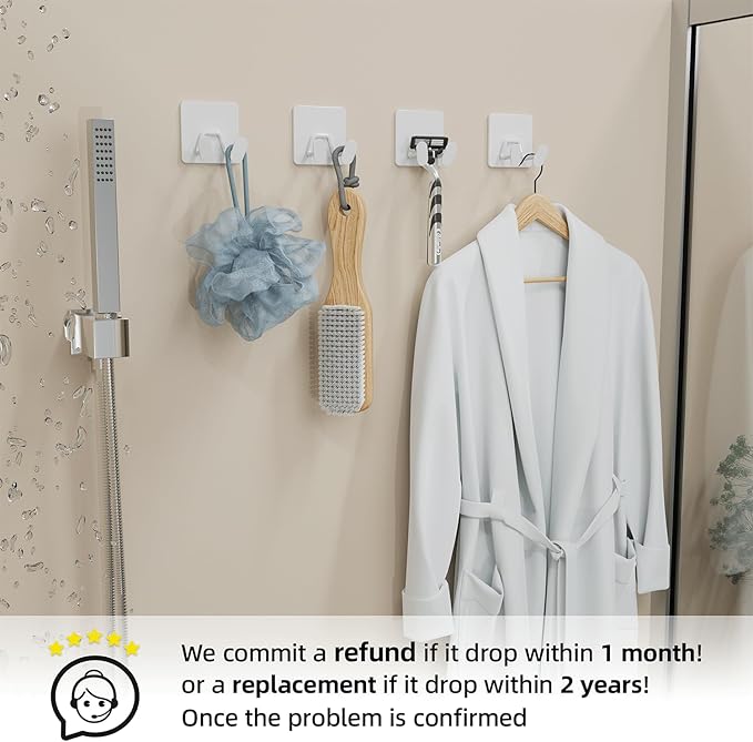 Adhesive Shower Hooks for Inside - Extra Sticky Stainless, Razor Holder Shower Accessories, Wall Mounted Self-Adhesive Double Hooks for Razor, Loofah, Towel, Shaver, Coat, Key, White, 4 Pack
