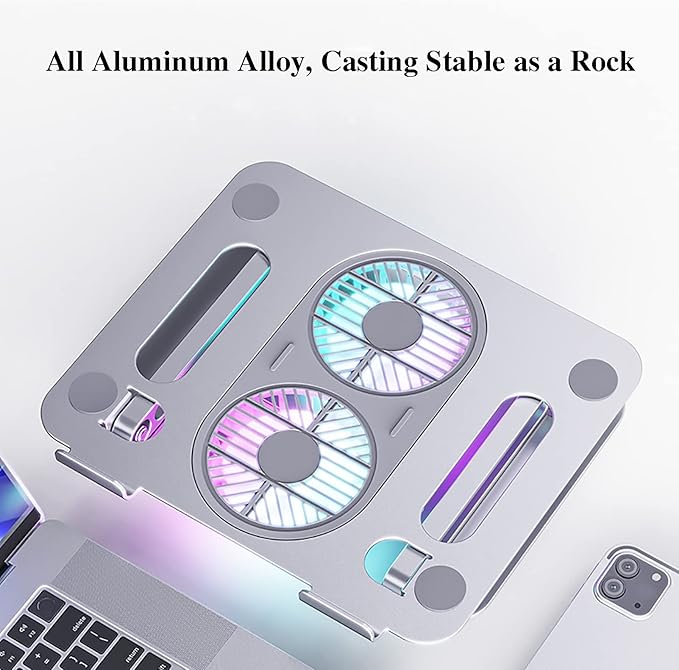 Adjustable Laptop Stand with Cooling Fan, Aluminium Alloy Multi-Angle Computer Holder for Desk, Portable Notebook Metal Mount All Laptops 11"-17.3"-Grey