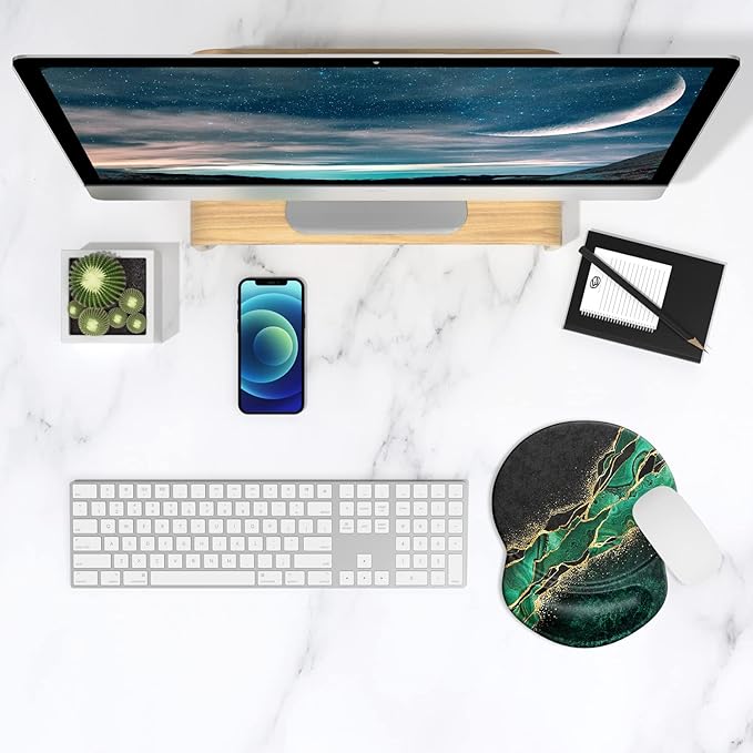 ITNRSIIET Ergonomic Mouse Pad with Gel Wrist Support Small Wrist Rest Smooth Surface Non-Slip PU Base Comfortable Office Supplies Pain Relief, 8.7 x 7.2 inches, Green Marble Gold