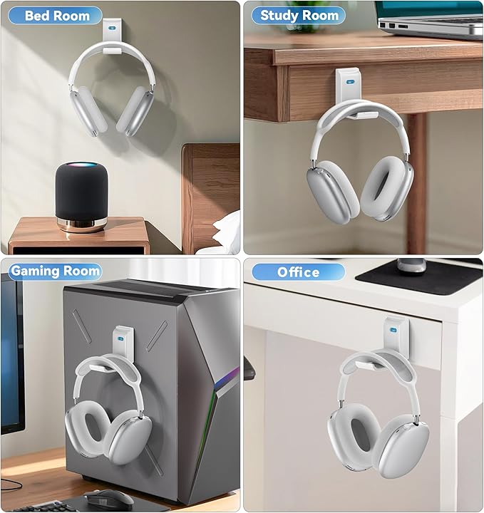 Headphone Stand, Wall Mount Headset Hanger, Gaming Headphone Holder Hook Clip, Foldable Headset Stand Desk Holder for PC Earphone Accessories, White(2 Pack)