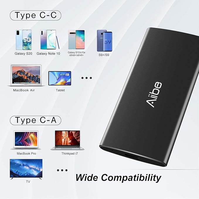 Aiibe External SSD 250GB External Hard Drive USB C Portable SSD, Up to 500MB/s, USB 3.1, External Solid State Drive 250GB for Laptop, Mac, PS4 (Black)
