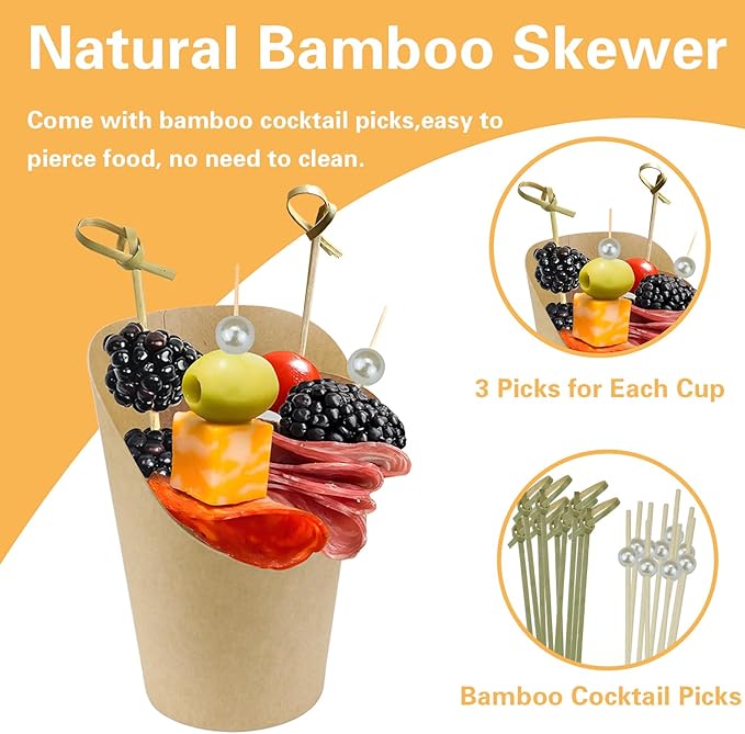 60 PCS 14 oz Disposable Charcuterie Cups Set with 200 Cocktail Skewers, 60 Portable Bags, 60Labels, Individual Brown Kraft Paper Appetizer French Fry Holders Snack Boxes for Parties