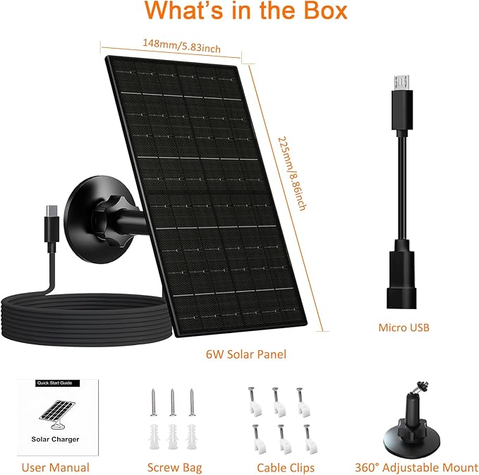 FUTUREZEN 6W Solar Panel for Security Camera Outdoor, 5V USB/USB-C Solar Charger Compatible with Rechargeable Battery Cameras, IP66 Waterproof, 360° Adjustable Mount, 9.8ft Cable (1 Pack, Black)