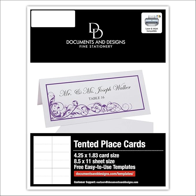 Scribble Vintage Swirl Printable Place Cards, Purple (Choose Color), Set of 150 (25 Sheets), Laser & Inkjet Printers - Wedding, Party, Dinner, and Special Events