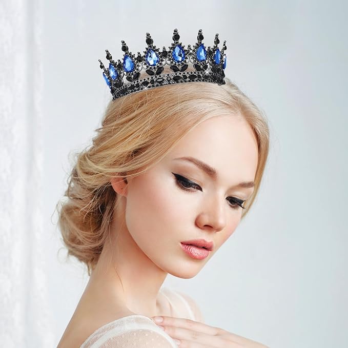 Queen Crown Rhinestone Wedding & Bridal Crowns for Women - Costume Party Hair Accessories - Princess & Birthday Tiaras in Crystal (Black & Blue)
