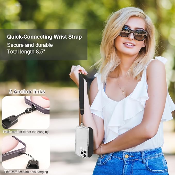 Clip and Go Strap for Phone with Wallet Crossbody, Adjustable Phone Lanyard with Detachable RFID Wristlet Wallet, Universal Phone Strap with 360° Rotatable Phone Tabs for All Phones (Black)