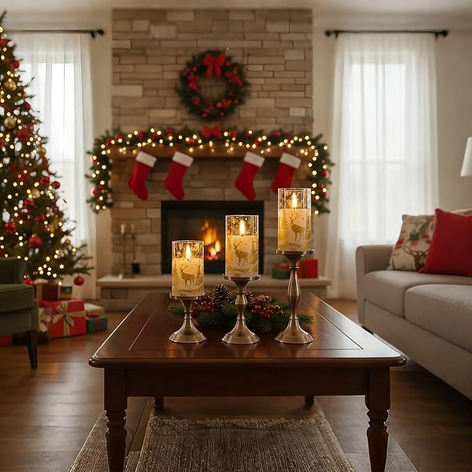 Amagic Christmas Flameless Candles with Remote and Timer, Glass Battery Operated Candles, Real Wax Electric LED Pillar Candles with Gold Deer for Thanksgiving Decor, Set of 3