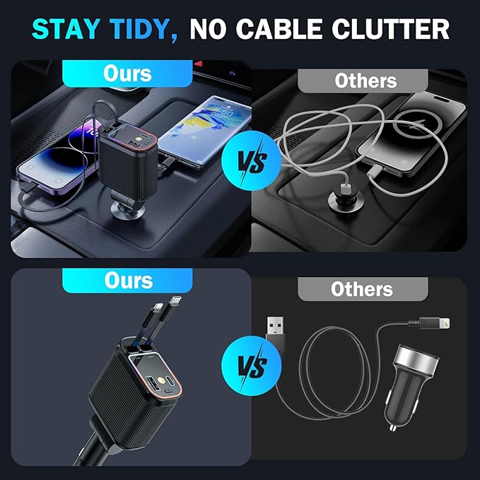 Car Charger with Starlight, 66W USB C Fast Car Charger Adapter, 4 in 1 Retractable Car Chargers with 2 USB Ports for iPhone 15/14/13/12/11 and for Android (Dark Black)