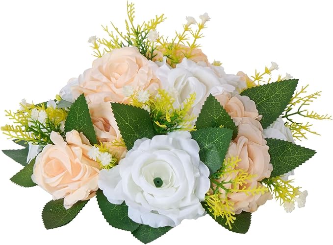 VEVOR Flower Ball Arrangement Bouquet 10 PCS, 9.5-Inch Diameter Artificial Flower Balls Wedding Table Centerpieces, Rose Arrangements for Wedding Centerpiece Home Decoration, Champagne & White Roses