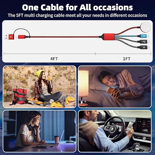 Travel Essentials 4in2 Multi Charging Cable for Apple Watch Charger,USB A/C to Dual Type C/IP/iWatch Charger,Travel Chargers for Multiple Devices Compatible with iWatch Series&iPhone 16-12 5FT