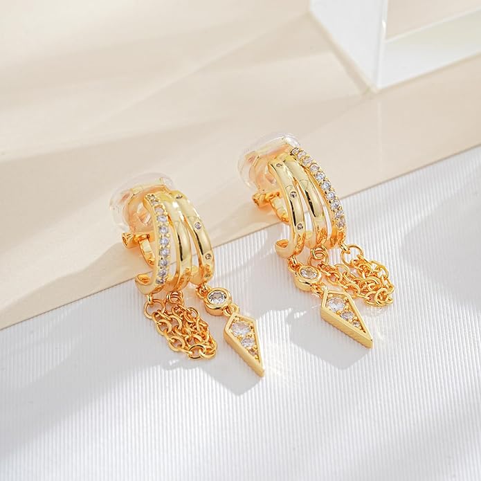 Gold Clip On Earrings for Women Sparkly Tassel Chain Drop Clip-On Earrings 18k Gold Plated Statement Non-Pierced Jewelry Gifts