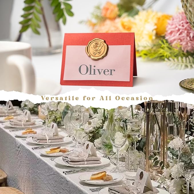 25 Pack Name Cards for Table Setting, Place Cards with Antique Gold Rose Wax Seal Sticker for Wedding, Table Tent Card Stock Handmade Decor for Party, Dinner, Home (Pearlized Wine Red)