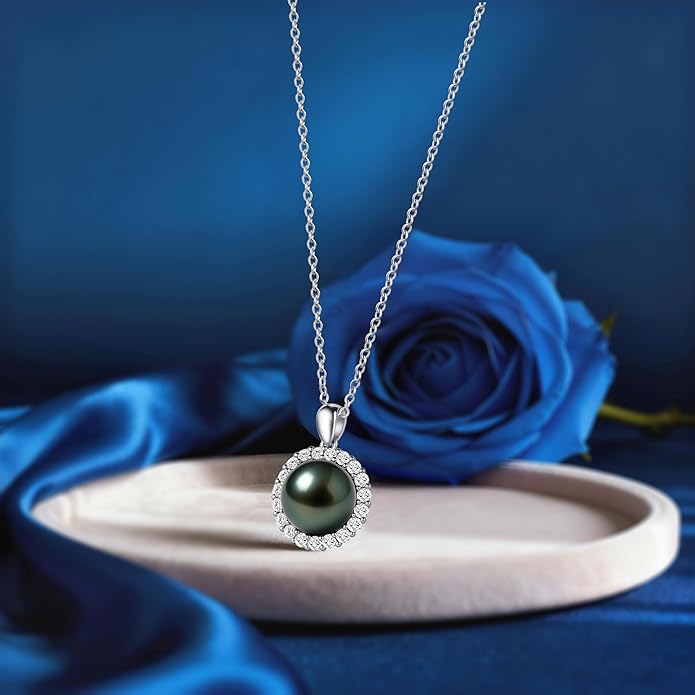 Genuine Tahitian Black Pearl Necklaces for Women, 9-12mm AAAA Seawater Pearl - Sterling Silver Moissanite Pendant, Wedding Anniversary, Birthday, Christmas Gift for Wife, Mom, Girlfriend, Fine Jewelry
