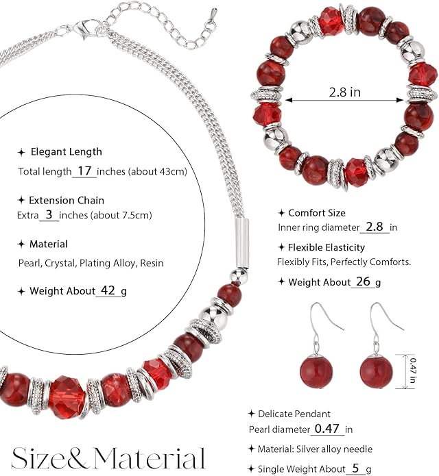 PEARL&CLUB Silver Beaded Statement Necklaces for Women Chunky Bead Necklace Bracelet and Earring Costume Jewelry Sets Gifts for Mom