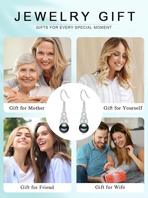 Tahitian Black Pearl Earrings Gifts for Women Wife Celtic Dangle Drop Earrings Wedding Birthday Anniversary Jewelry Valentines Christmas Day Gifts 925 Sterling Silver