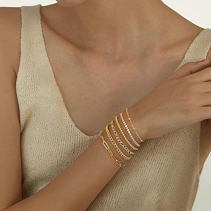 adoyi Valentines Day Gifts for Her Gold Bracelets for Women, 14K Gold Plated Stackable Bracelet Stack Set Adjustable Charm Paperclip Chain Cuban Link Layered Waterproof Jewelry Sets Gifts for Womens