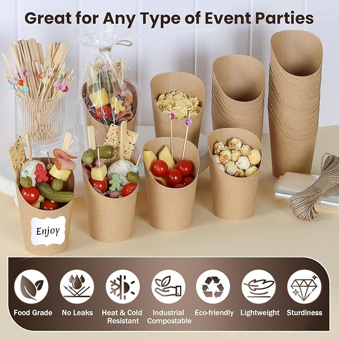50 Pack 14oz Charcuterie Cups with Sticks and Bags, Brown Paper Charcuterie Cup, 200 Picks+50 Bags+50 Labels, Disposable Snack Cups for Parties, Weddings, Picnics, Appetizers & French Fries