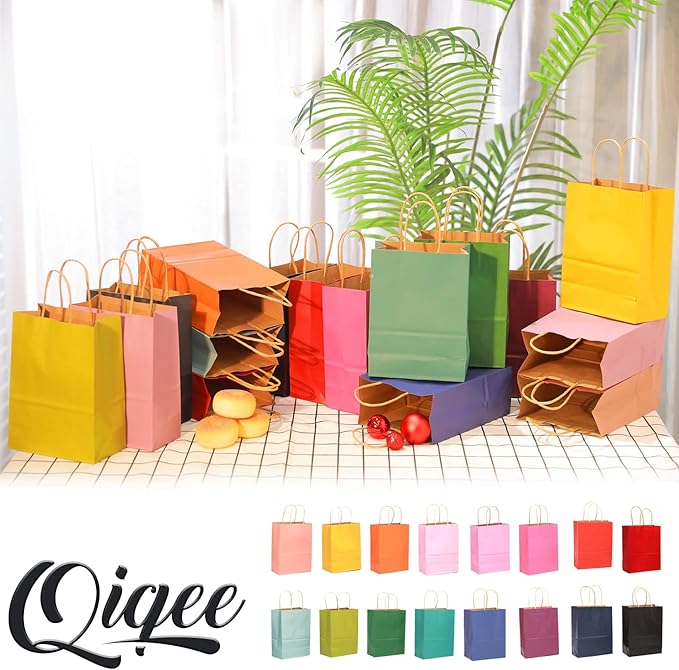 qiqee Large Kraft Paper Bags with Handles Bulk 13"x10"x5" 60-Pack Gift Bags 16 Solid Colors (Large Size) for Wedding, Baby Shower & Birthday Party