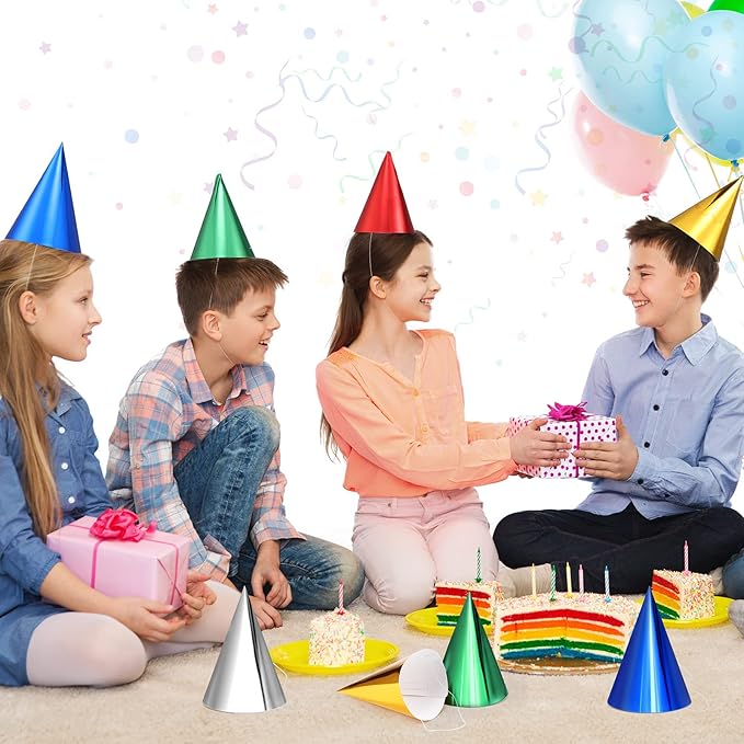 Geosar 300 Pcs Birthday Party Hats Bulk Cone Metallic Foil Paper for Adults Kids Boys girls