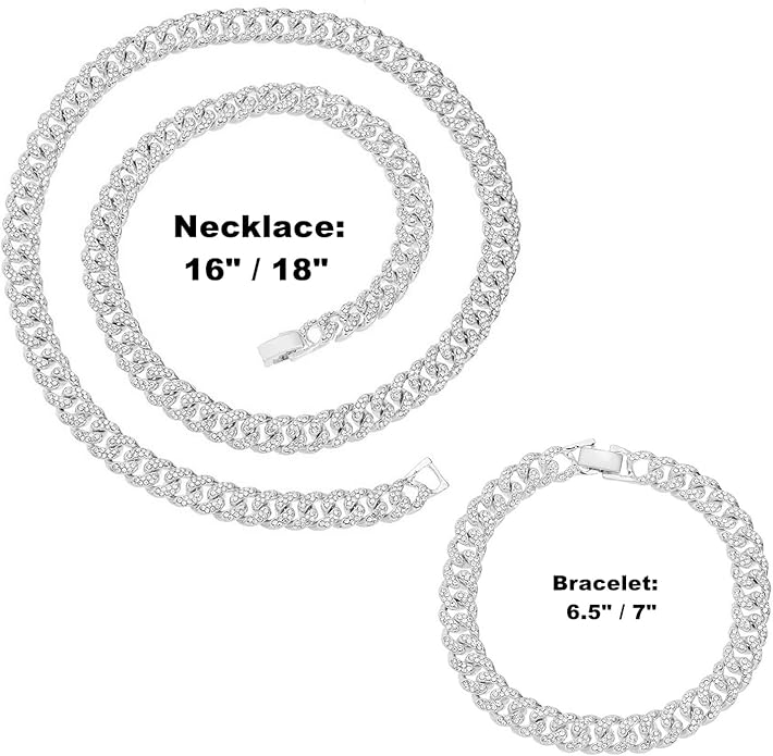 HH BLING EMPIRE 14k Gold/Silver Cuban Link Chain for Women Iced Out Diamond Chunky Cuban Link Necklace Chain Bracelet 2pcs Sets