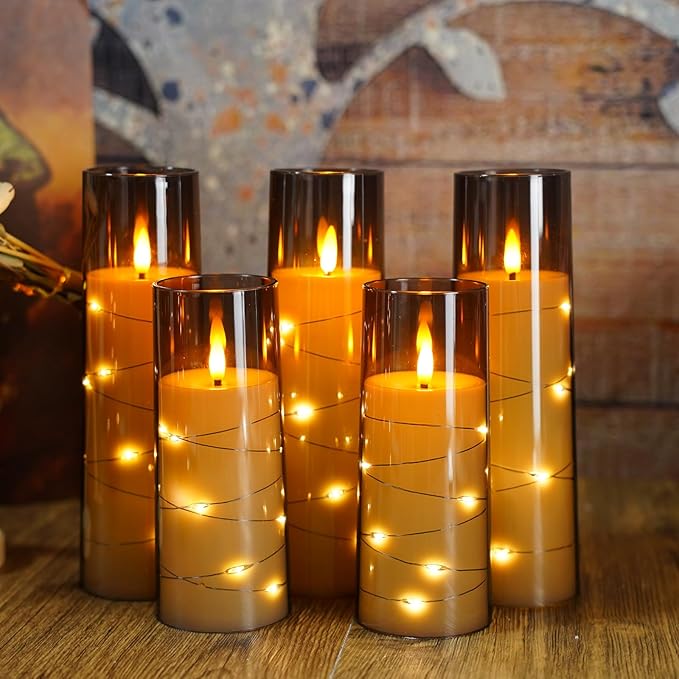 Flameless Candles with Embedded Star String, Battery Operated LED Pillar Candles with Timer and Remote Control,Home Decorating for Ambiance, Set of 7(Grey)