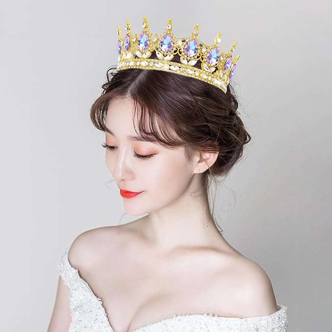 Queen Crown Rhinestone Wedding Crowns and Tiaras for Women Costume Party Hair Accessories Princess Birthday Crown Crystal Bridal Crown (Gold Crown-Violet)