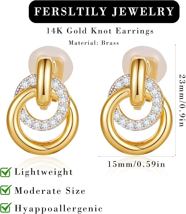 14K Gold Plated Chunky Clip On Earrings for Women 14k Gold Knot Link Clip Earrings Silver Rhinestone Hoop Clip On Earrings Jewelry for Women