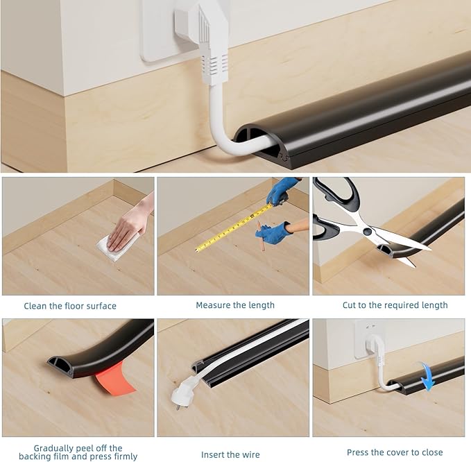 6ft Side Buckle Floor Cord Cover for Wires, Selfadhesive Extension Cord Hider Easy Floor Cable Management Prevent Cable Trips,Silicone Floor Wire Covers for Cords, Cable Protector Cord Cavity(Brown)