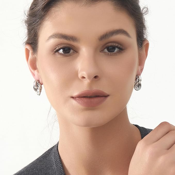 Chunky Silver Knot Link Earrings,Statement Circle Drop Dangle Design, Fashion Jewelry for Women