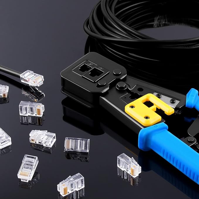 Delgada rj45 Crimp Tool with 50PCS Pass Through Connectors, for Cat6 Cat5e Cat5 Crimping Tool Kit, Network Cable Tester and Wire Stripper Included, for RJ45/RJ12 Regular