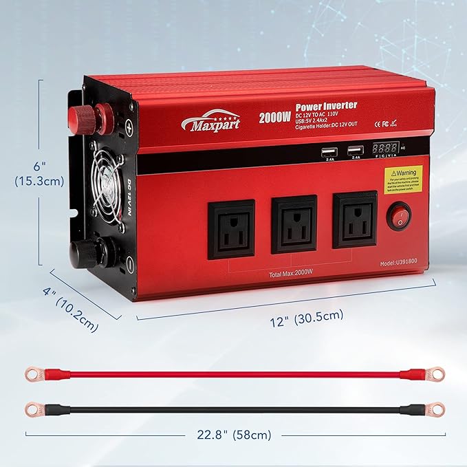 2000w 12v Car Power Inverters for Vehicles Truck with USB Charging Port,12v DC to 110v AC Inverter Converter with 3 AC Outlets