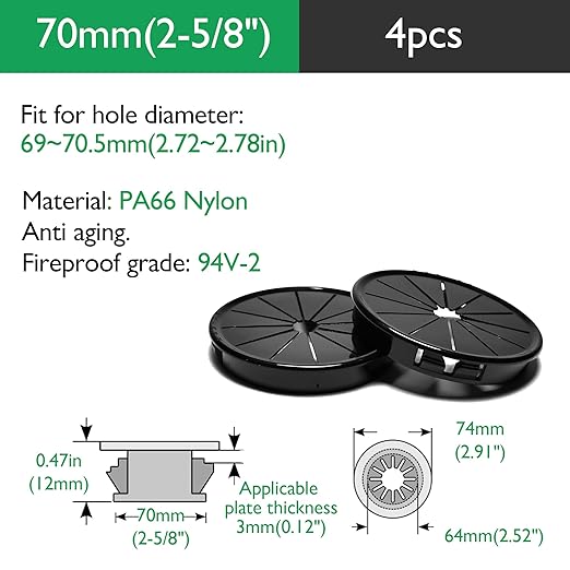 4PCS Cable Grommets, 2-5/8"(70mm) Desk Hole Cover Petal Shaped Buckle Type Nylon Snap Bushing Grommet, Wire Hole Cover Insert for Cables and Cords Management and Protection of Cabinet, Black