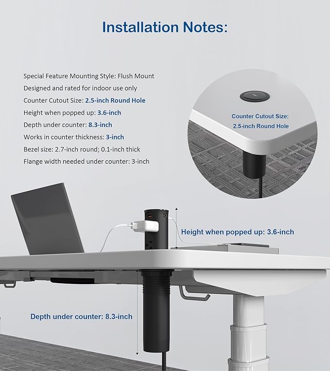 Pop up Outlet for Countertop,65W USB C Fast Charging Port,2.5-inch Hole Desktop Power Grommet,Recessed Power Strip,4 Outlets 4 USB Ports,15Amp Tamper Resistant Receptacle,ETL Listed (Black)