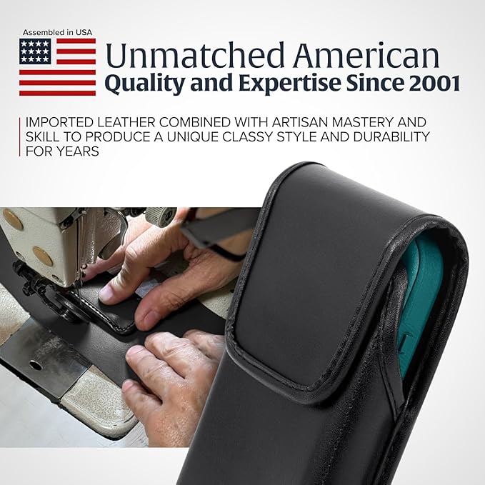 Turtleback Belt Holder for iPhone 16 Pro, 16e, 15 pro 14 Pro 13 Pro -Medium- Fits w/Shockproof Commuter Style Cases, Premium Black Leather Vertical Holster, Magnetic Closure Leather Wrapped Clip
