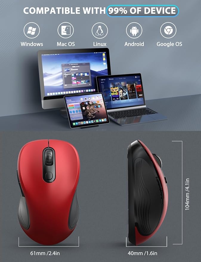 Trueque Wireless Mouse for Laptop, 2.4GHz Ergonomic Computer Mouse with Back & Forward Buttons, 3 Adjustable DPI Levels, 6 Buttons, Optical USB Cordless Mice for Windows Chromebook MacBook PC (Red)