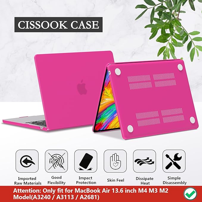 CISSOOK Compatible with MacBook Air 13 inch Case 2025 2024 2023 2022, Hard Shell Case Keyboard Cover for MacBook Air 13.6 inch M2 M3 M4 Chip A3240 A3113 A2681, Matte Rose Red