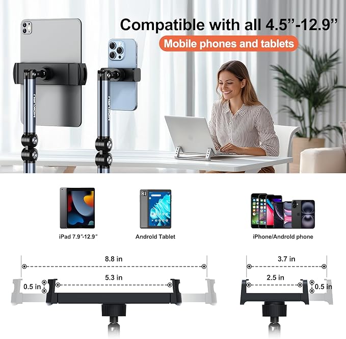 Tablet Floor Stand, Adjustable Tablet Stand, 360° Rotation Tablet Holder, Compatible with iPad, iPhone, Samsung, Google, Kindle Tablet/Phone, (4.5''-12'')
