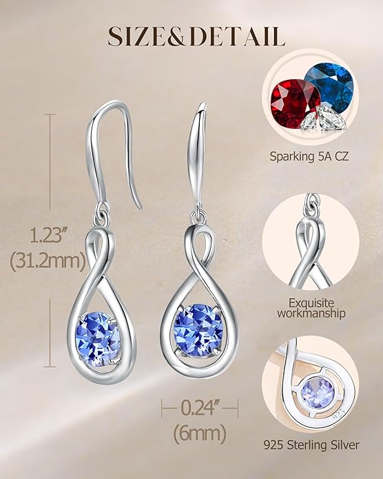 FANCIME Valentines Day Gift Dangle Drop Earrings 925 Sterling Silver Dainty Infinity Round Gemstone Birthstone Jewelry Birthday Gifts for Her Women