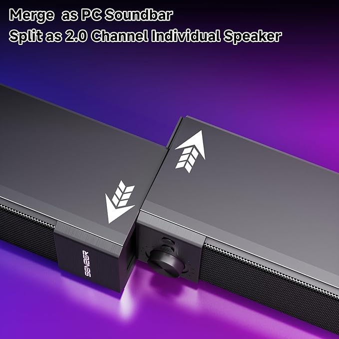 SENZER CS20 2 in 1 Bluetooth Computer Speakers for Desktop, USB Plug & Play Clear Sound PC Speakers with RGB Light, Monitor Sound Bar with Volume Knob, Gaming Speaker for PC Laptop Phone Tablet