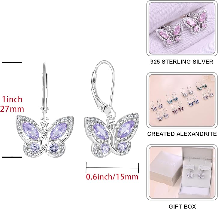 Starchenie Butterfly Earrings for Women 925 Sterling Silver Leverback Earrings Birthstone Butterfly Jewelry Gifts
