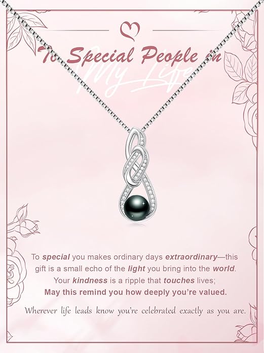 Tahitian Black Pearl 18K White Gold Plated Sterling Silver Heart/Infinity/Four Leaf Clover Pendant Necklace Jewelry Gifts for Women Wife Mom Girlfriend Wedding Birthday Anniversary Christmas