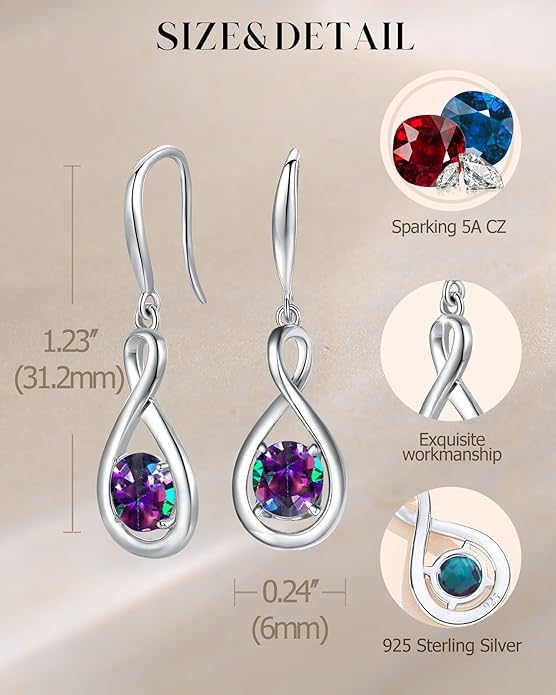 FANCIME Valentines Day Gift Dangle Drop Earrings 925 Sterling Silver Dainty Infinity Round Gemstone Birthstone Jewelry Birthday Gifts for Her Women