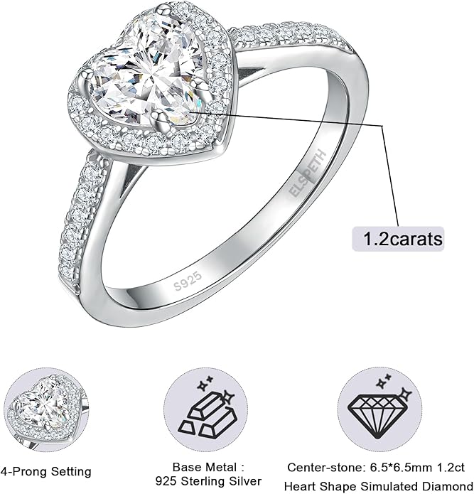 Elspeth 925 Sterling Silver Heart Engagement Ring for Women Heart Cut Cubic Zirconia Promise Ring Size 4-10