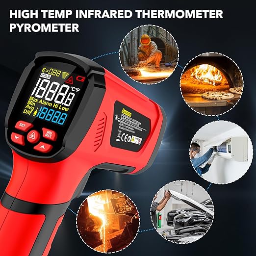 MESTEK Infrared Thermometer Temperature Gun, -40℉~3632℉, Non Contact Digital Laser Thermometer Gun Industrial Pyrometer 50:1 High Temp Thermometer with Color LCD Display, Adjustable Emissivity