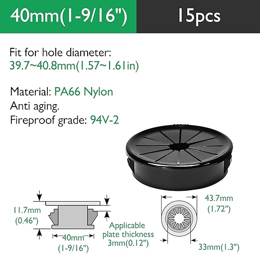 15PCS Cable Grommets, 1-9/16"(40mm) Desk Hole Cover Petal Shaped Buckle Type Nylon Snap Bushing Grommet, Wire Hole Cover Insert for Cables and Cords Management and Protection of Cabinet, Black