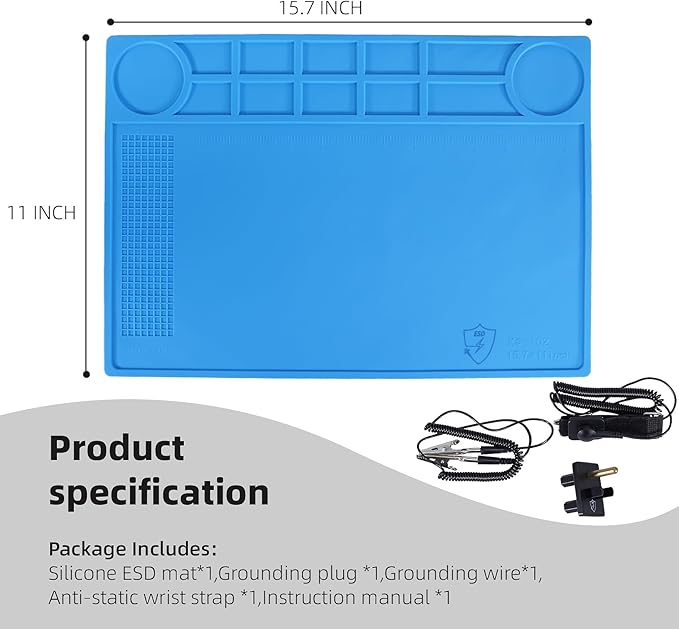 Kaisi Anti-Static Mat with ESD Wrist Strap and Grounding kit, Silicone Soldering Repair Work Mat 932°F Heat Resistant ESD Safe pad for Electronic, Phone, iPhone, iPad, iMac, Laptop, Computer, Watch