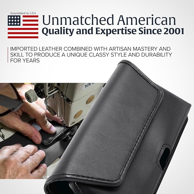 Turtleback Belt Holder for iPhone 16 Pro, 16e, 15 pro 14 Pro 13 Pro -Medium- Fits w/Shockproof Commuter Style Cases, Premium Black Leather Horizontal Case, Magnetic Closure, Leather Wrapped Clip