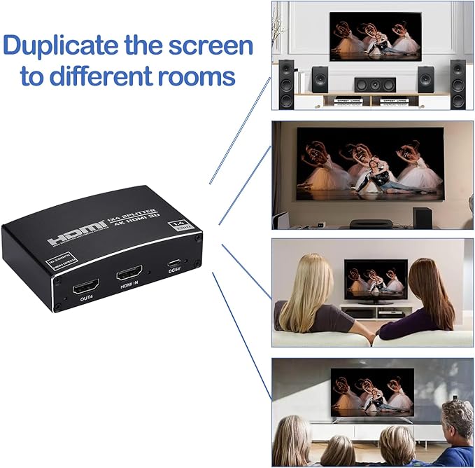 HDMI Splitter 1 in 4 Out, 1x4 HDMI Splitter Audio Video Distributor Box Support 3D & 4K x 2K Compatible for HDTV, STB, DVD, PS3, Projector Etc