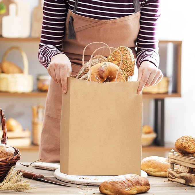 METRONIC Brown Paper Bags 10x5x13 50Pcs,Kraft Gift Bags Medium Size with Handles, Craft Paper Wrap Bag Bulk for Shopping Birthday Party Favors Grocery Retail Goody Business