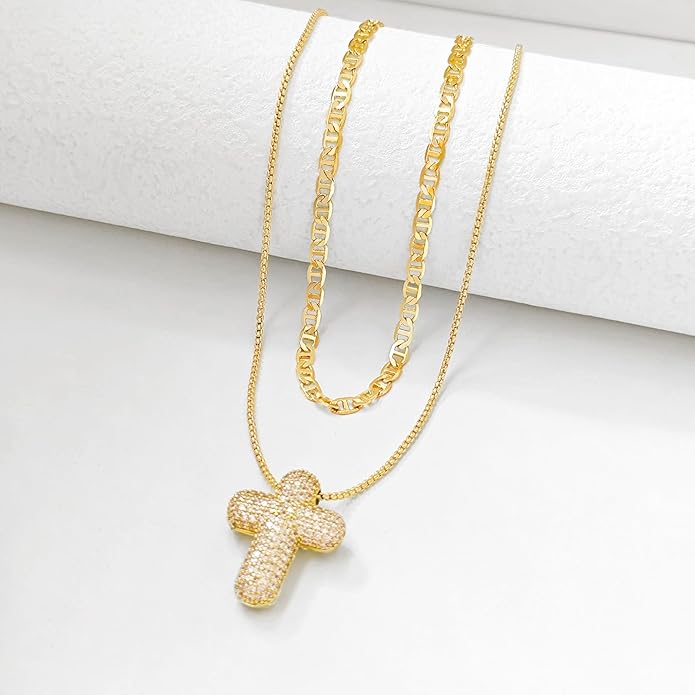 OGD Bubble Cross Necklace for Women 14k Gold Plated Cross Necklace Stackable Dainty Gold Necklace Mariner Chain Necklace CZ Cross Pendant Necklaces Set Simple Jewelry Gift